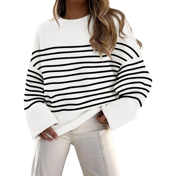 Women's Black White Stripe Oversized Long Sleeve Casual Fuzzy Knit Sweaters
